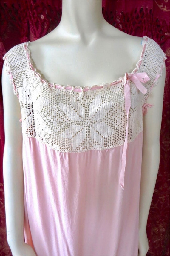 c.1920s Long Pink Silk Night Gown Crochet Bodice O