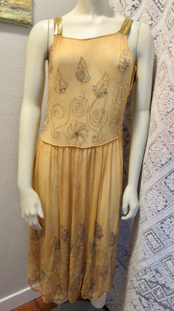 1920s Silk Beaded Flapper Dress Pale Apricot With 