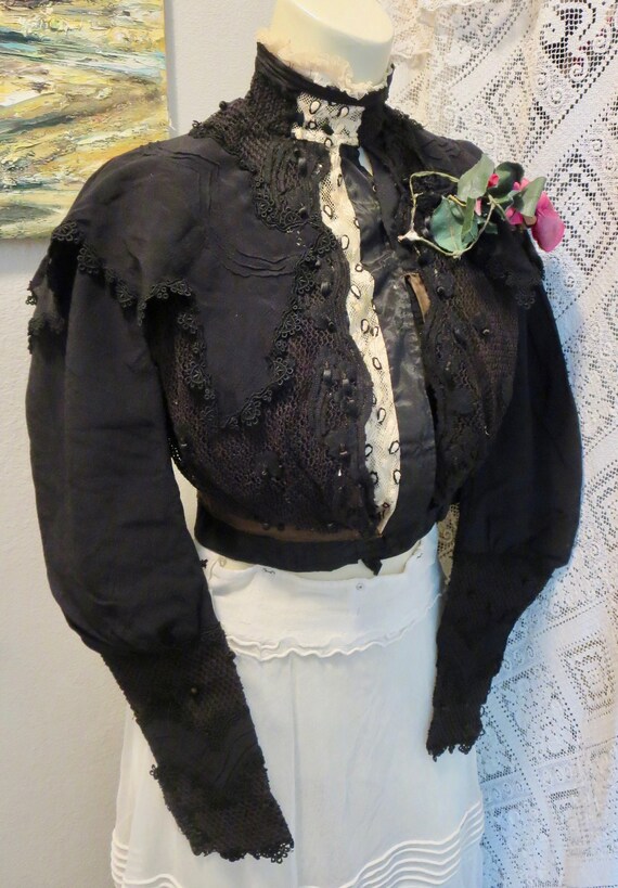 Antique 1890s Victorian High Necked Black Silk & … - image 4