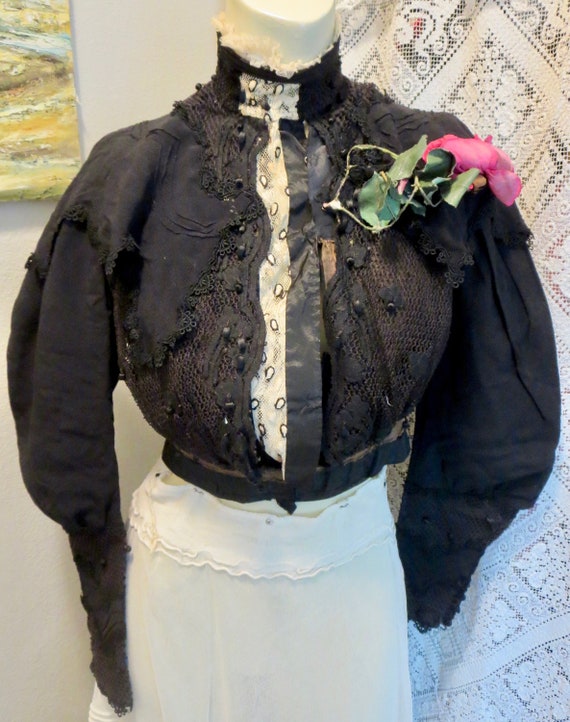 Antique 1890s Victorian High Necked Black Silk & … - image 2