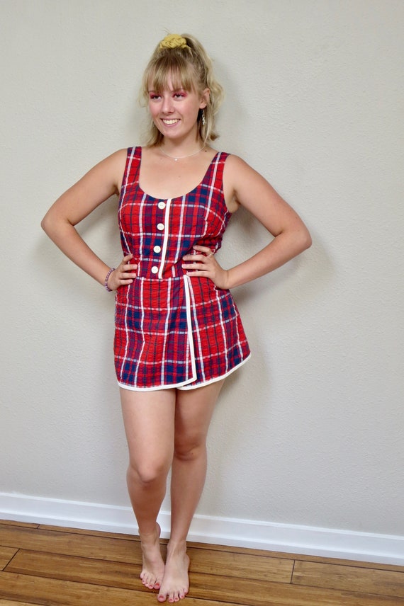 Classic 1960s Mod Swimsuit/playsuit Cotton Plaid Great Details Built-in Bra  & Panties Bob Cunningham 