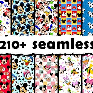 Peut inclure: Plusieurs motifs sans couture colorés avec des personnages de dessins animés comme Mickey Mouse, Minnie Mouse, Donald Duck et Dingo. Les motifs présentent des images répétitives et le texte "210+ seamless".