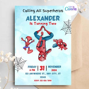 Superhero birthday invite, spidey friends invitation, spiderman birthday party invite, super hero, Canva Template Instant Download