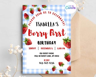 Berry First Invitation, Strawberry Birthday Party Invitation, Birthday party Digital Invitation, Editable strawberry Birthday canva template