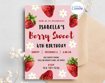 Berry First Invitation, Strawberry Birthday Party Invitation, Birthday party Digital Invitation, Editable strawberry Birthday canva template