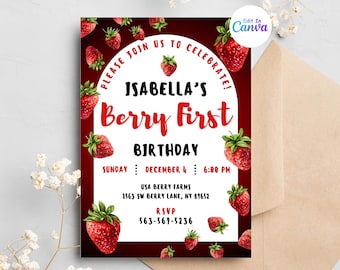 Berry First Invitation, Strawberry Birthday Party Invitation, Birthday party Digital Invitation, Editable strawberry Birthday canva template