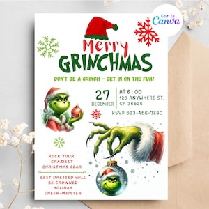 Weihnachtsgrinchh-Partyeinladungsvorlage, Weihnachtspartyeinladung, Grinchmas-Partyeinladung, Canva bearbeitbare Vorlage