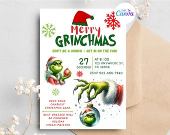 May include: A white invitation card with a Grinch theme. The card features the text "Merry Grinchmas" and event details. The Grinch is depicted in various illustrations, holding an ornament and wearing a Santa hat. The card also includes snowflakes and the text "Rock your craziest Christmas gear."