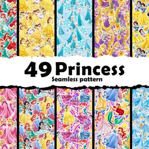 Puede incluir: Un collage digital de 49 personajes diferentes de princesas Disney, cada uno en una pose y un atuendo diferentes. El collage está formado por seis secciones diferentes, cada una con un color de fondo diferente. El texto "49 Princess Seamless pattern" está escrito en negro en la parte inferior del collage.