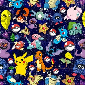 May include: A colorful seamless pattern featuring various cartoon characters from the Pokemon franchise. The background is a dark blue with white stars. The characters include Pikachu, Squirtle, Bulbasaur, Charmander, and many more.