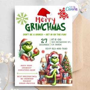 Weihnachtsgrinchh-Partyeinladungsvorlage, Weihnachtspartyeinladung, Grinchmas-Partyeinladung, Canva bearbeitbare Vorlage