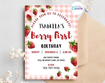 Strawberry Birthday Invitation party, Strawberry First Birthday Digital Invitation, Editable strawberry Birthday canva template.