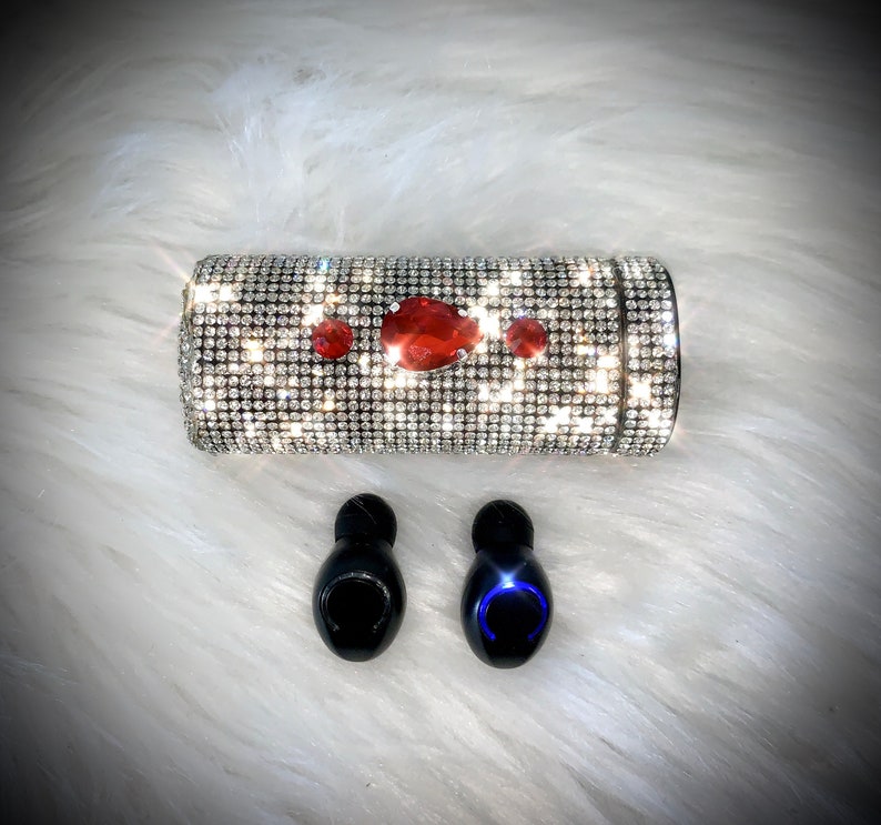 Bling Buds  crystal and ruby rhinestone Bluetooth headphone case usb rechargeable  headphones case AND bluetooth headphones included.