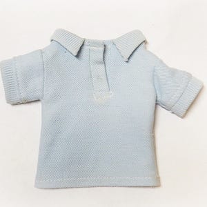 May include: A light blue collared shirt with short sleeves.
