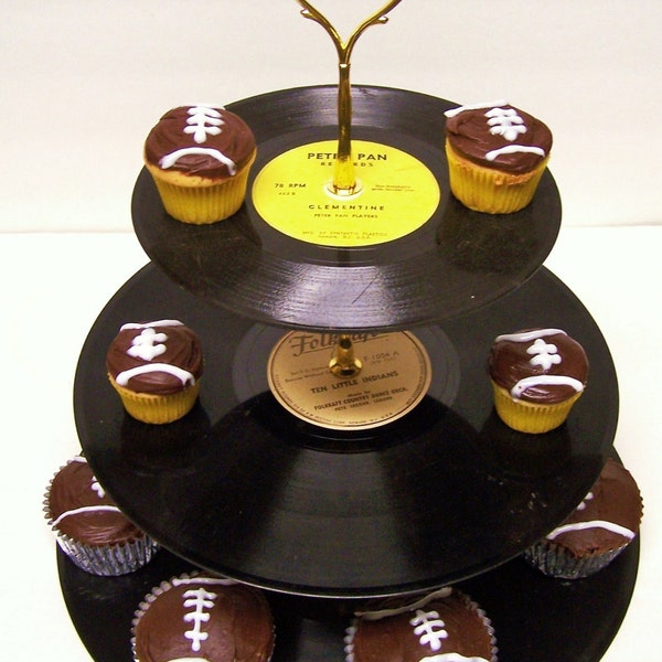 Retro Vintage Record Cupcake Stand 3 Tier Pedestal Dessert Stand Upcycle Recycle Wedding Birthday Rock Around The Clock