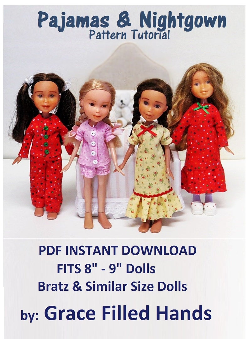 Pajama Nightgown PJ Pattern Tutorial Pictorial PDF Doll Clothes Fits 9 Bratz Licca Jenny Blythe Skipper Fashion Dolls image 1