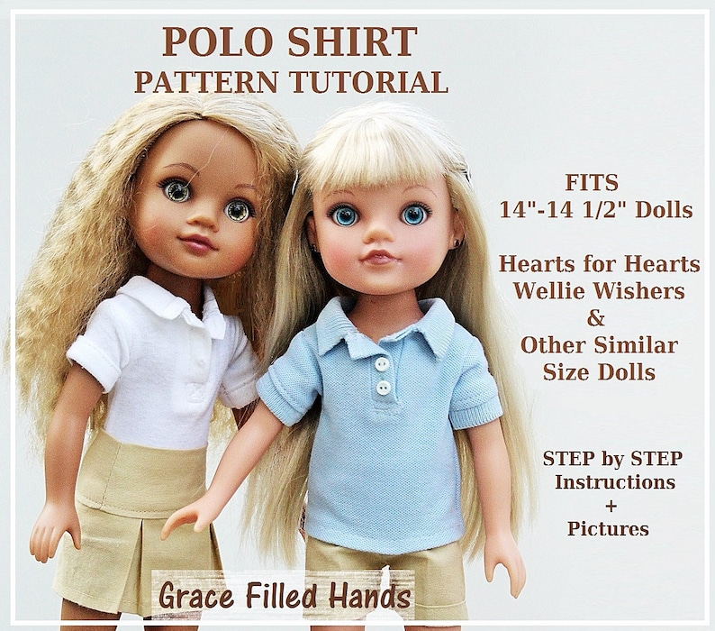 May include: A pattern tutorial for making a polo shirt for 14-14 1/2 inch dolls. The tutorial includes step-by-step instructions and pictures. The dolls in the image are wearing white and blue polo shirts.