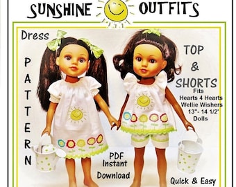 Sunshine Dress and Top with Shorts Outfit Pattern Tutorial for Hearts For Hearts Wellie Wisher 13" to 14 1/2" Similar Dolls