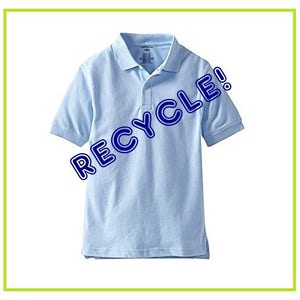 May include: A light blue short-sleeved polo shirt with a button-down collar and a single button closure. The shirt has the word "RECYCLE!" printed on it in blue.