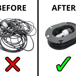 Before and after comparison showing tangled versus organized Starlink Mini cable