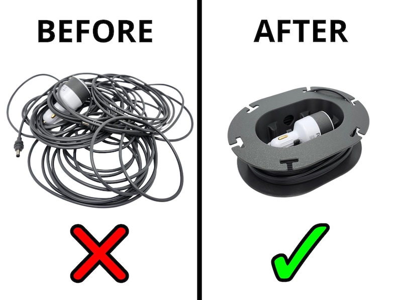 Before and after comparison showing tangled versus organized Starlink Mini cable