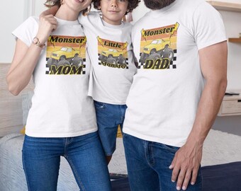 Camisetas familiares a juego de Monster Truck: papá, mamá y el pequeño monstruo