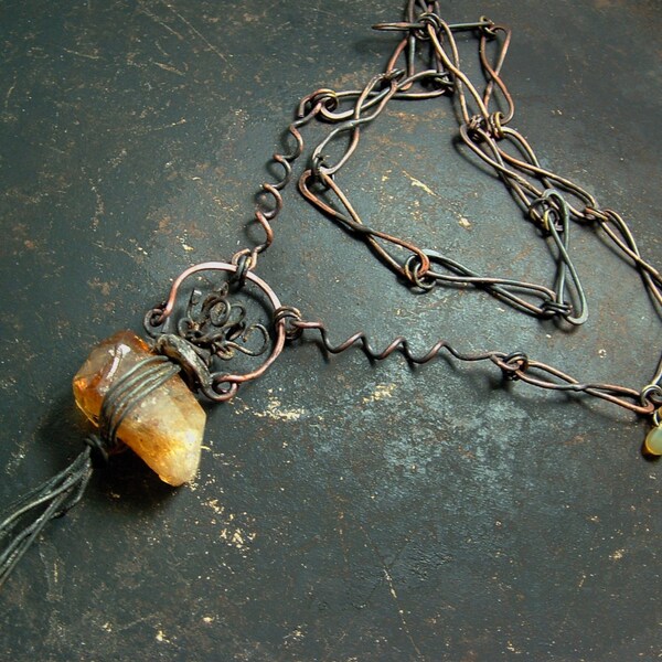 Spell of Binding. Raw Citrine, dark, rustic, edgy, gemstone, magic, ritual, talisman necklace by Vintajia Adornments