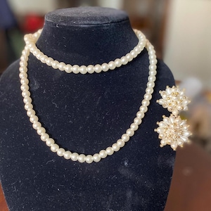 Vintage Costume Pearl Necklace & Clip On Earrings Set // 1960s Costume Jewelry