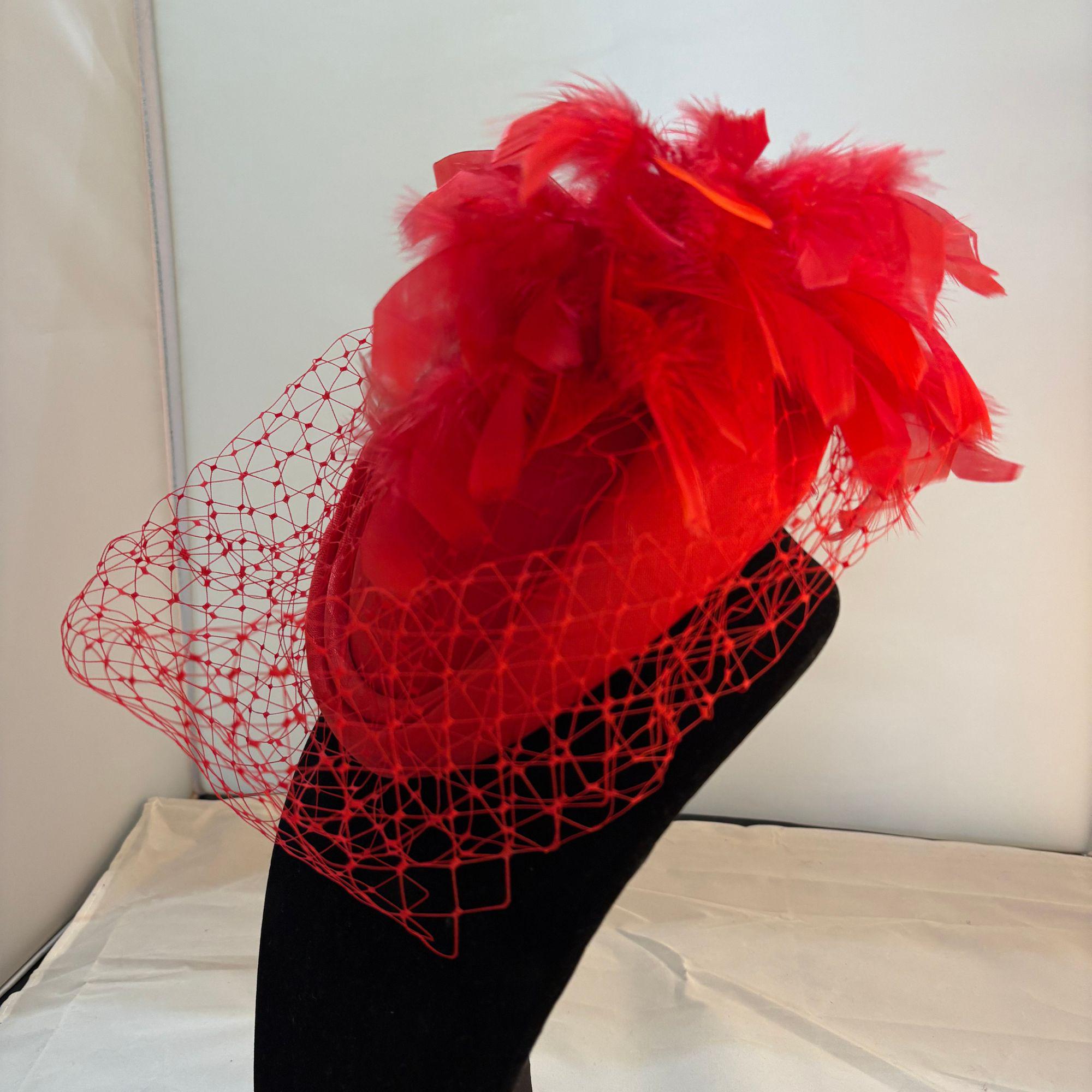 Vintage 50s Red Straw Hat by Sylvia Veil Feather Trim Kentucky Derby Fascinator Oooooo we do love a bit of vintage ! 20s beaded detail , 50s  main image 2
