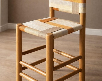 Silla de madera maciza tejida a mano / Asiento de cuerda color terracota beige / Silla de comedor Japandi Wabi Sabi