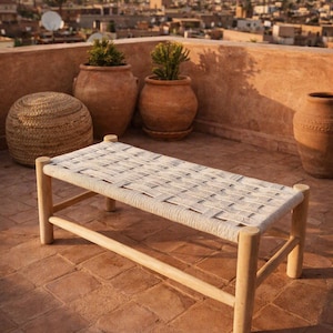 Solid Wood Bench, Natural Raphia Woven Seat, Boho Japandi Moroccan Furniture