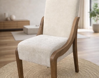 Solid Walnut Dining Chair | Scandinavian Upholstered Accent Chair, Beige Boucle Fabric