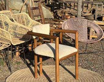 Chaise artisanale bois et bouclé beige — Fauteuil design scandinave fait main, meuble vintage bohème, cadeau déco salon maison , Tabouret