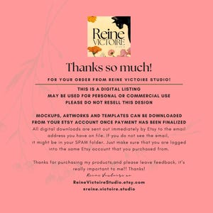 Puede incluir: Una tarjeta de agradecimiento digital rosa de Reine Victoire Studio. La tarjeta incluye el logotipo de Reine Victoire Studio, detalles florales y el texto "&iexcl;Muchas gracias!" y detalles sobre el listado digital.