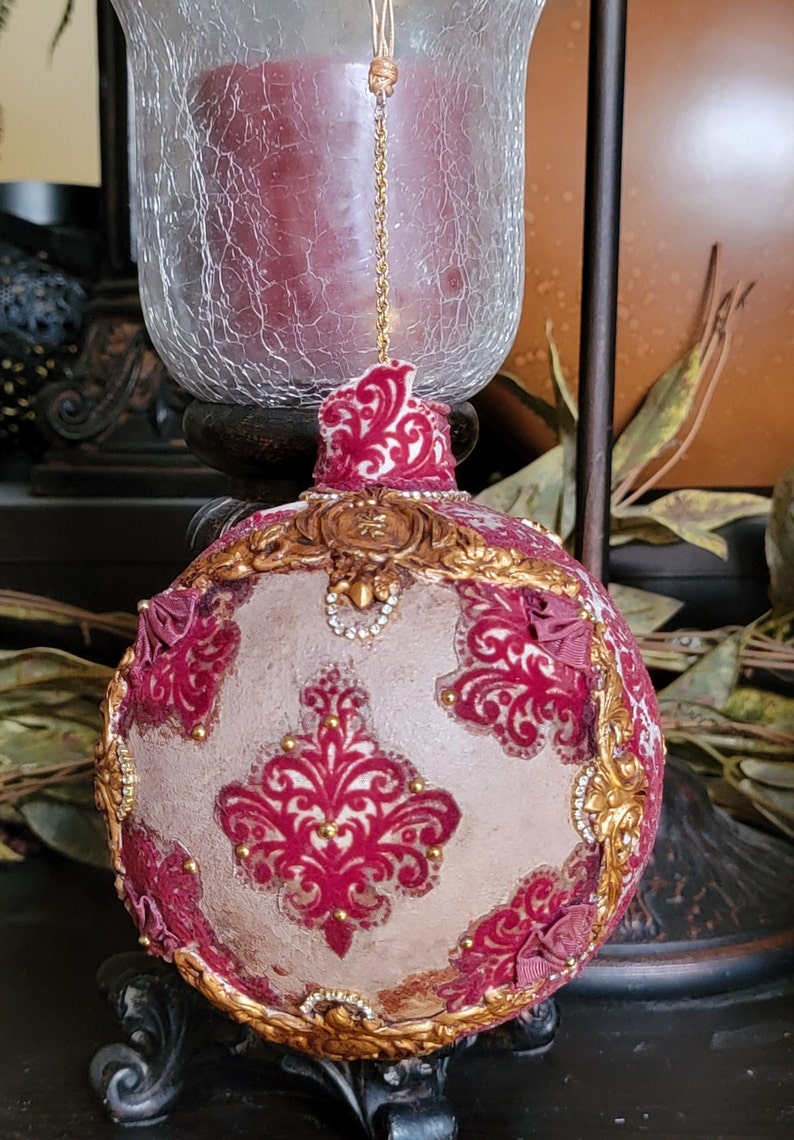 CHRISTMAS Decorative Ornament Large Oval Vintage Victorian Glitter Drk Burgandy Decoupage Gold Trim 7 High 7 Wide image 5