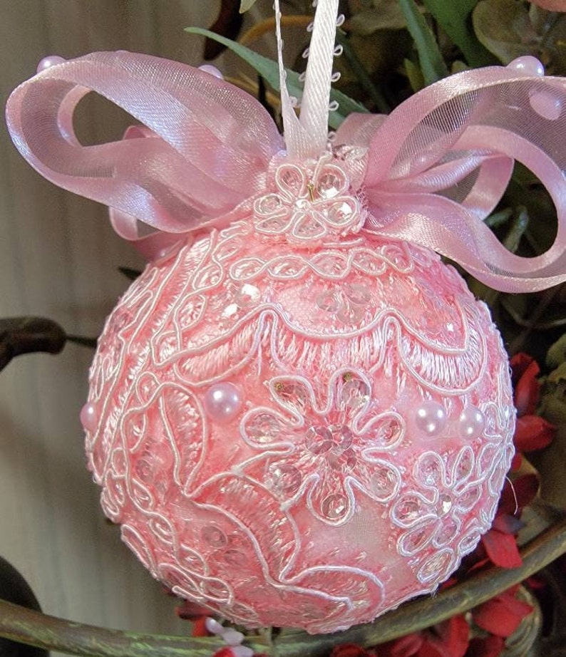 CHRISTMAS Decorative Ornament Medium 3 Pink/Vintage/Sequins/Sparkle image 2