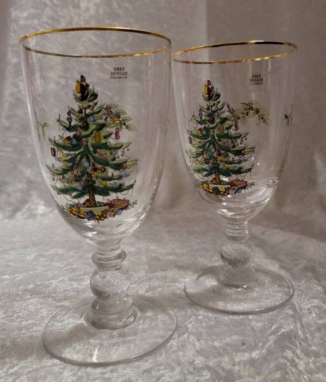 Spode 7 Inch Christmas Tree Wine Glasses Gold Rimmed qty. 3 