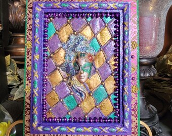 Decorative Mardi Gras-Book Box-9" Long 7" Wide 3.5" Deep Trinket Box-Jewelry Box-Gold/Burgundy Inside-Trim on the outside-Purple/Gold/Green