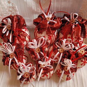CHRISTMAS Decorative Ornaments - Group of 10 Ornaments of different sizes - All similar designs - White-Red