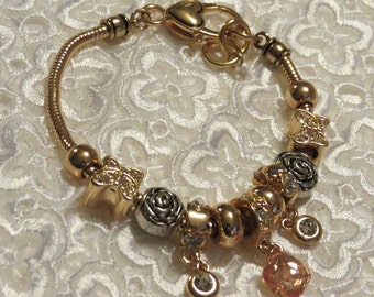 Pandora Inspired - Vintage Charm Bracelet - GOLD and PINK with Butterflies/Flowers/Hearts/Rhinestones