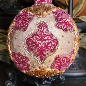 CHRISTMAS Decorative Ornament Large Oval Vintage Victorian Glitter Drk Burgandy Decoupage Gold Trim 7 High 7 Wide image 2