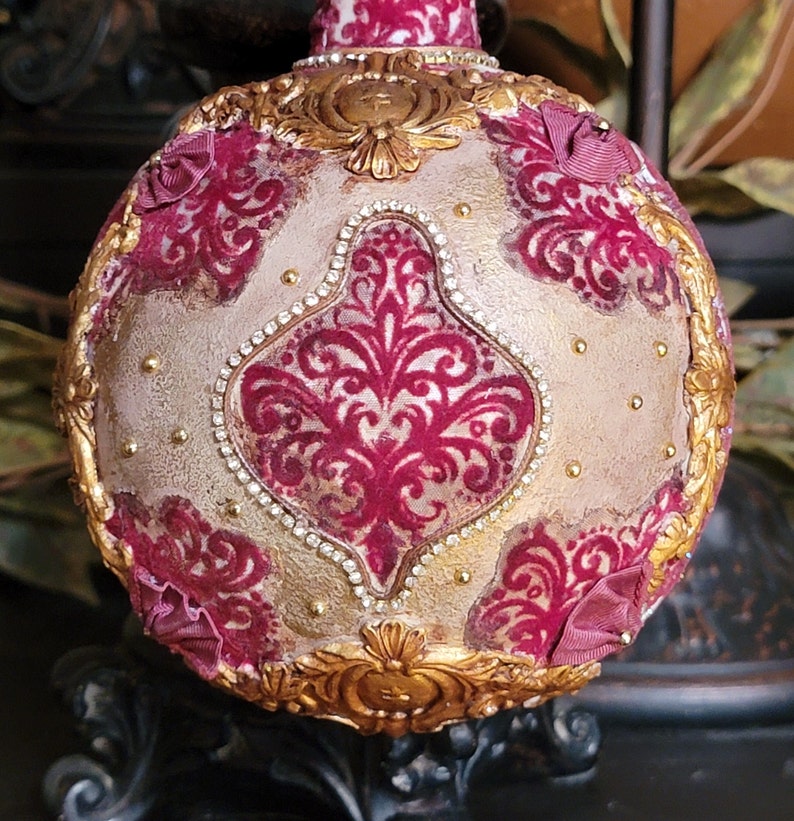 CHRISTMAS Decorative Ornament Large Oval Vintage Victorian Glitter Drk Burgandy Decoupage Gold Trim 7 High 7 Wide image 2