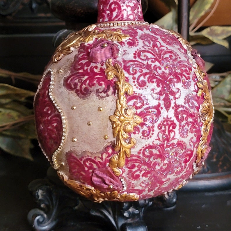 CHRISTMAS Decorative Ornament Large Oval Vintage Victorian Glitter Drk Burgandy Decoupage Gold Trim 7 High 7 Wide image 7