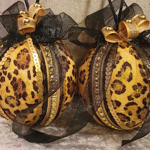 CHRISTMAS Animal Ornaments - Large 3" - Gold - Brown Spots with gold Glitter Centers - Black Chiffon Bow/Gold Dots/Gold Bow