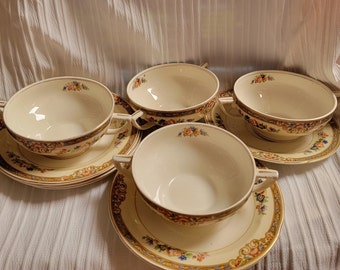 Antique Grindley England Off White Fajance Consommé Two Handle Footed Soup Cup - Listing is for 1 cup and plate - 1920 Vintage