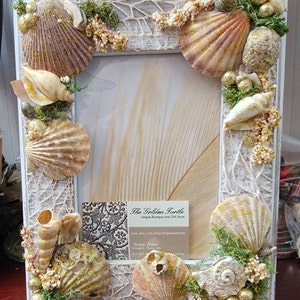By the Sea Frame - 5x7 - Colorful sparkly - Sparkle Sandy Beach Colors - Seashells-Seaweed-Gold Buttons