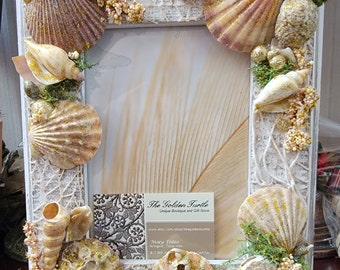 By the Sea Frame - 5x7 - Colorful sparkly - Sparkle Sandy Beach Colors - Seashells-Seaweed-Gold Buttons