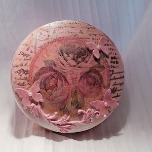 Round Jewelry Box - Pink with Rose Flowers - Glitter with Decoupage - Butterflies - 5&quot; round x 2&quot; High