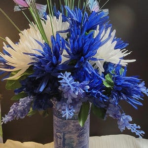 Spode Blue Italian Vase - Cylindrical Daisy Flower Vase - Royal Blue/Sky Blue/White - Silver Glitter - 9" tall x 3" Wide
