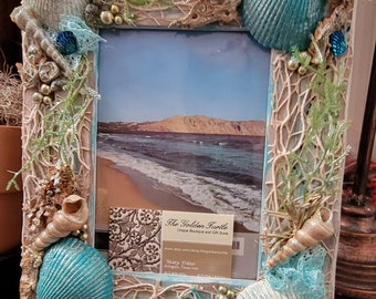 By the Sea Frame - 5x7 - Colorful sparkly - Sparkle Turquoise/Blue - Seashells-Seaweed-Gold Buttons